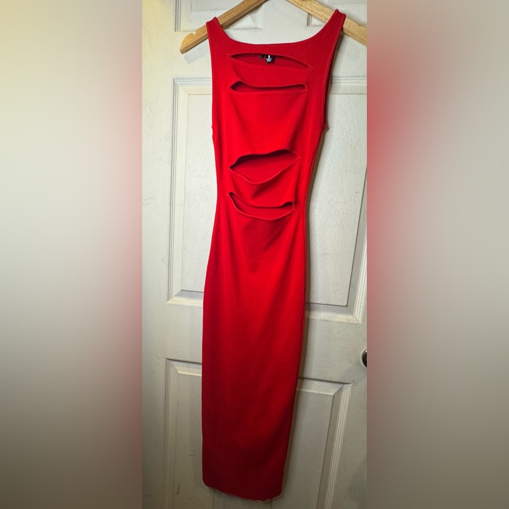 Hera Collection Red Midi Bodycon Dress - Sexy Front Cut-Outs - Size S - Picture 6 of 11
